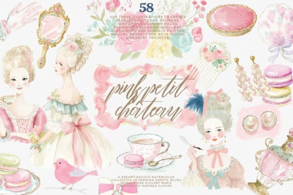 Watercolor Rococo Clipart Set: 58 Vintage PNGs for Elegant Design